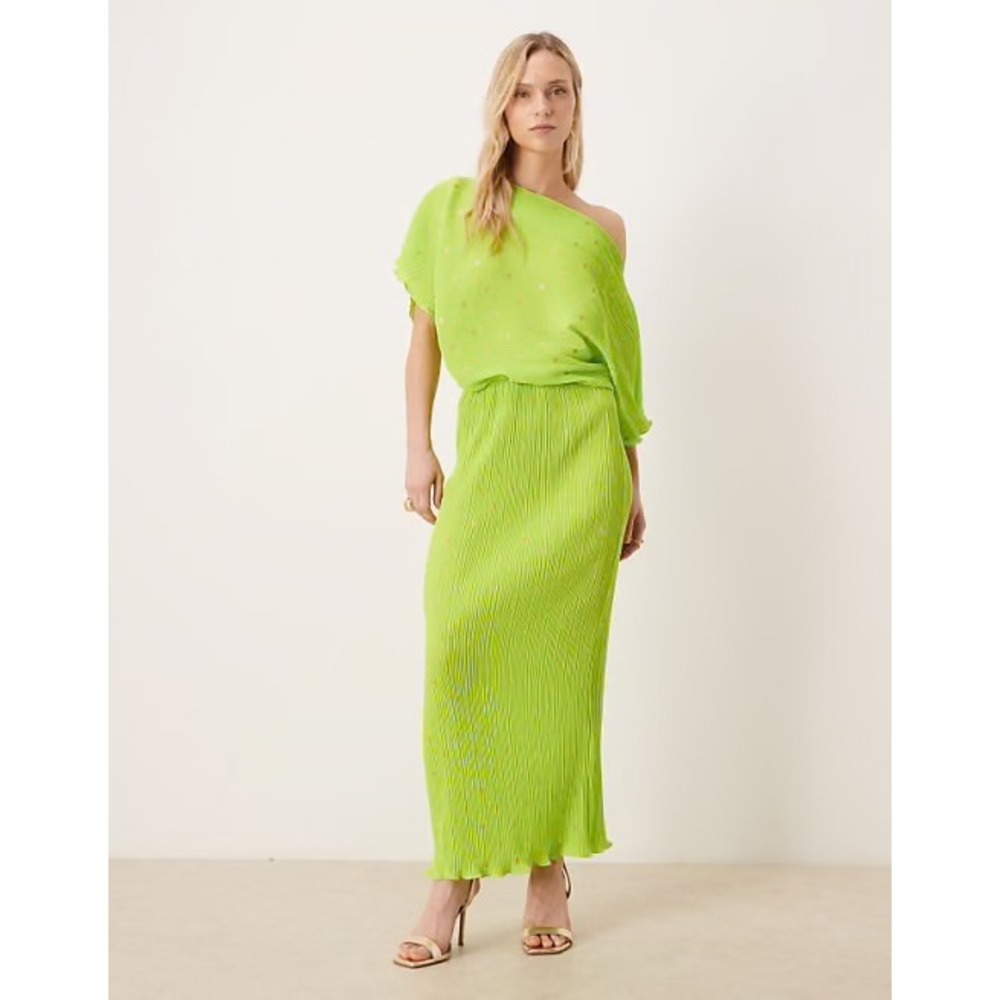 Never Fully Dressed Neon Lime Green Gold Polka Dot Plisse Maxi Dress US 8 NEW